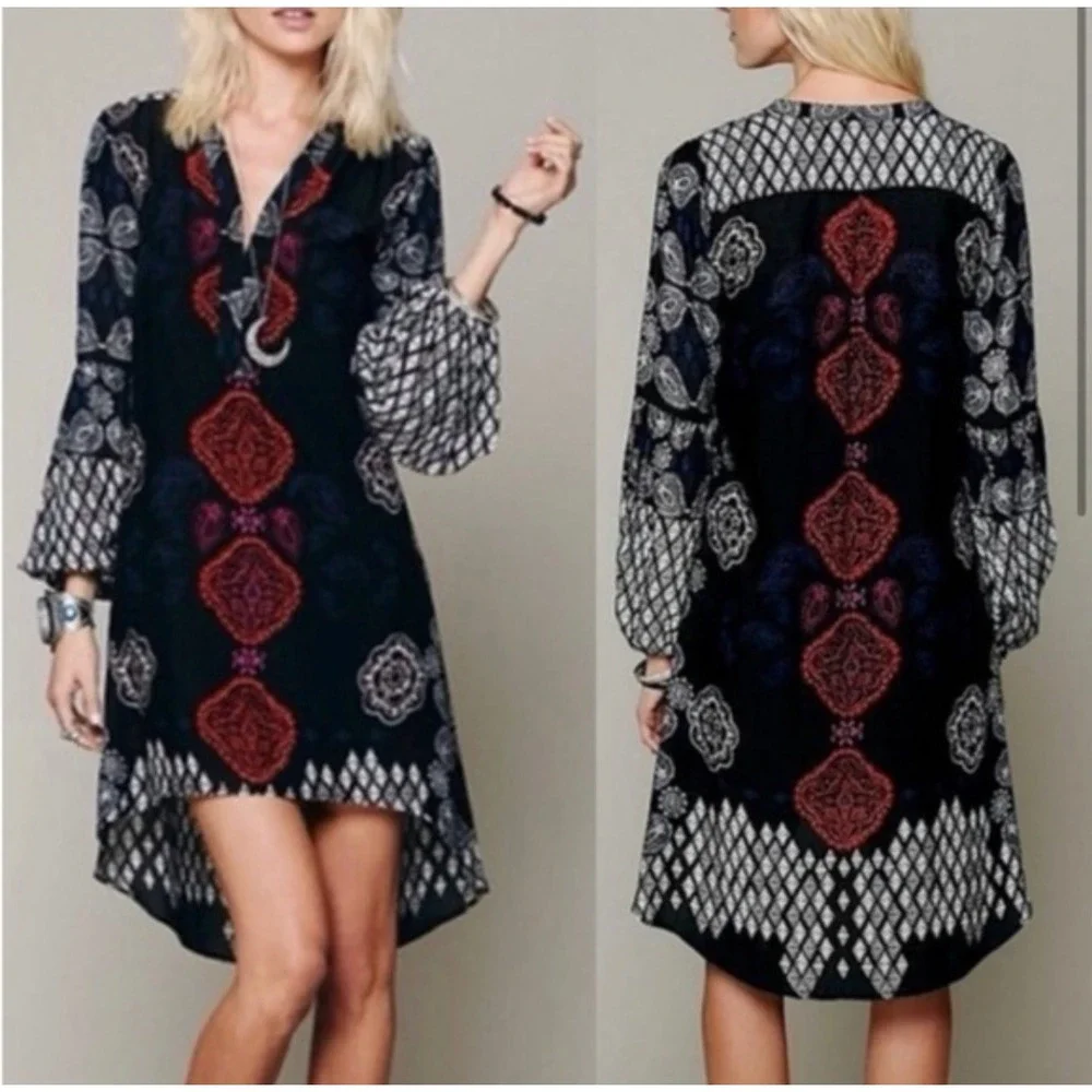 Free People Mixed Print Boho Tunic Dress Black Red Paisley High Low XS